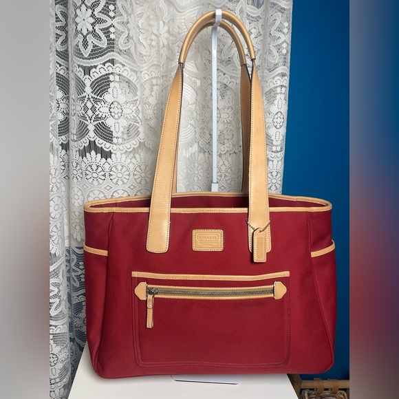 Coach Handbags - Coach Hamptons Red Canvas Vacchetta Tan Leather Trim/ Tote or Baby Tote